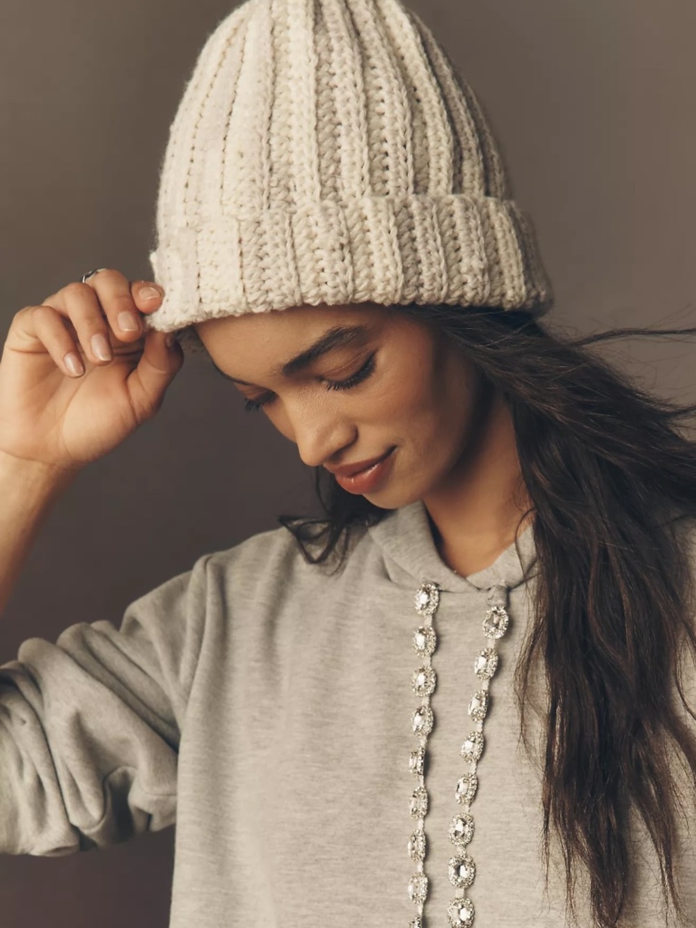 Anthropologie Chunky Knit Beanie in Heathered Cream and Light Gray